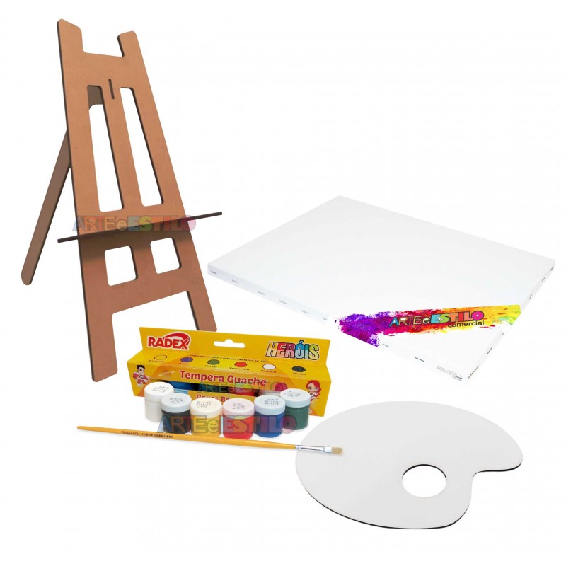 Kit de Pintura Infantil c/ 01 Mini Cavalete + 01 Tela + 06 Cores de ...